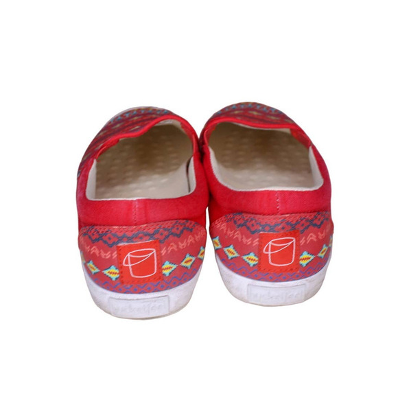 Bucket Feet Slip On Canvas Sneakers Vermillion Red Geometric Print Low Too 9 - Picture 4 of 5